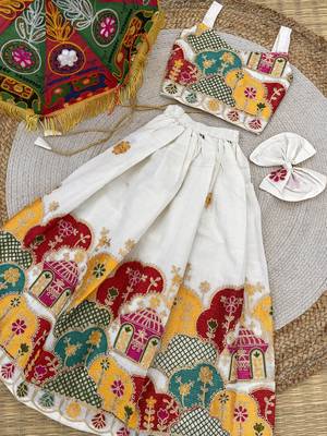 Khadi cotton embroidered girls skirt set with bow gift 3