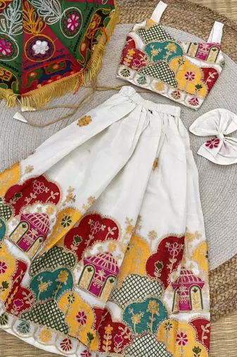 Khadi cotton embroidered girls skirt set with bow gift