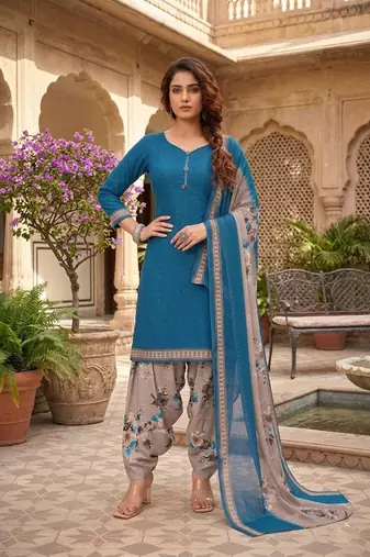 Teal printed cotton blend stitched floral print salwar kurta dupatta for women
