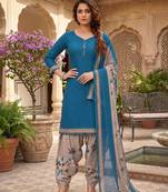 Teal printed cotton blend stitched floral print salwar kurta dupatta for women