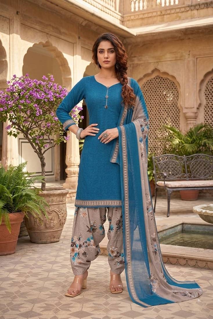 Teal printed cotton blend stitched floral print salwar kurta dupatta for women