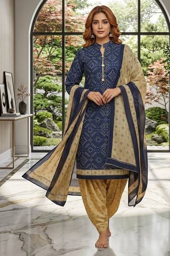 Blue printed cotton blend stitched ethnic motif print salwar kurta dupatta for women