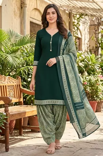 Green printed cotton blend stitched self design print salwar kurta dupatta for women