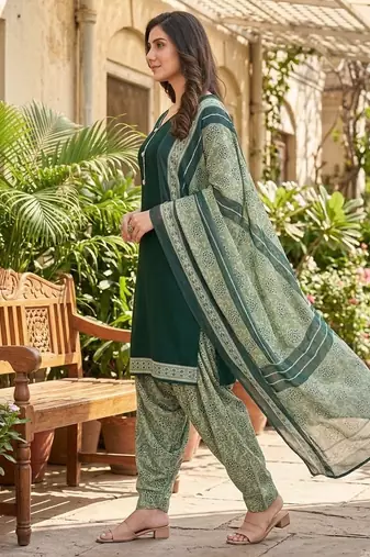 Green printed cotton blend stitched self design print salwar kurta dupatta for women