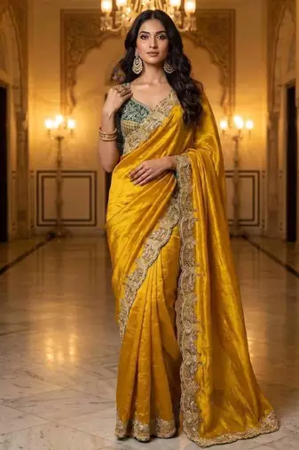 New Designer Soft Sartin With Beautiful Embroidery Work Women's Saree With Blouse Set 