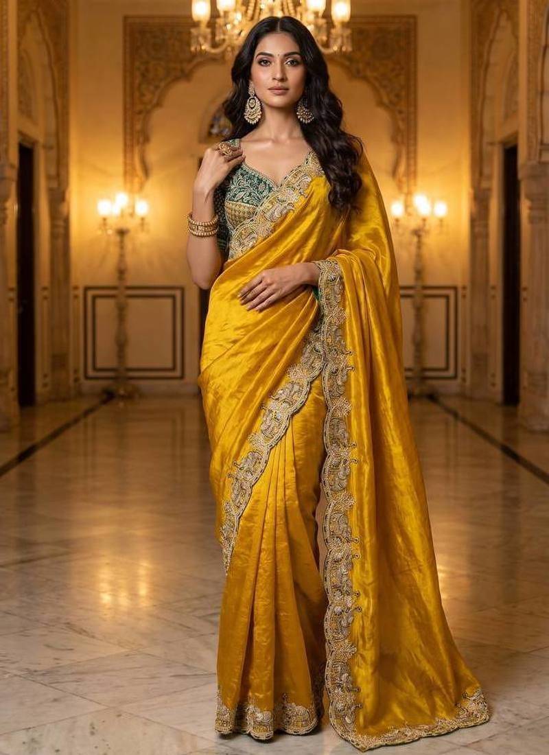 New Designer Soft Sartin With Beautiful Embroidery Work Women's Saree With Blouse Set 