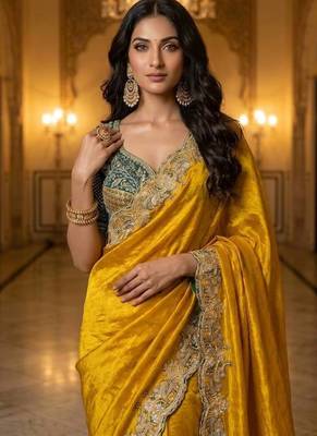 New Designer Soft Sartin With Beautiful Embroidery Work Women's Saree With Blouse Set  2