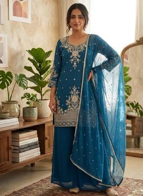Blue roman silk embroidered straight kurta with palazzo & dupatta 1