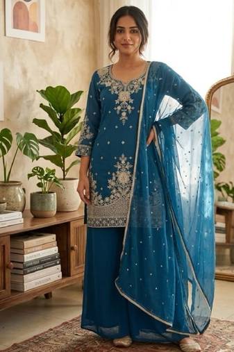 Blue roman silk embroidered straight kurta with palazzo & dupatta