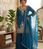 Blue roman silk embroidered straight kurta with palazzo & dupatta