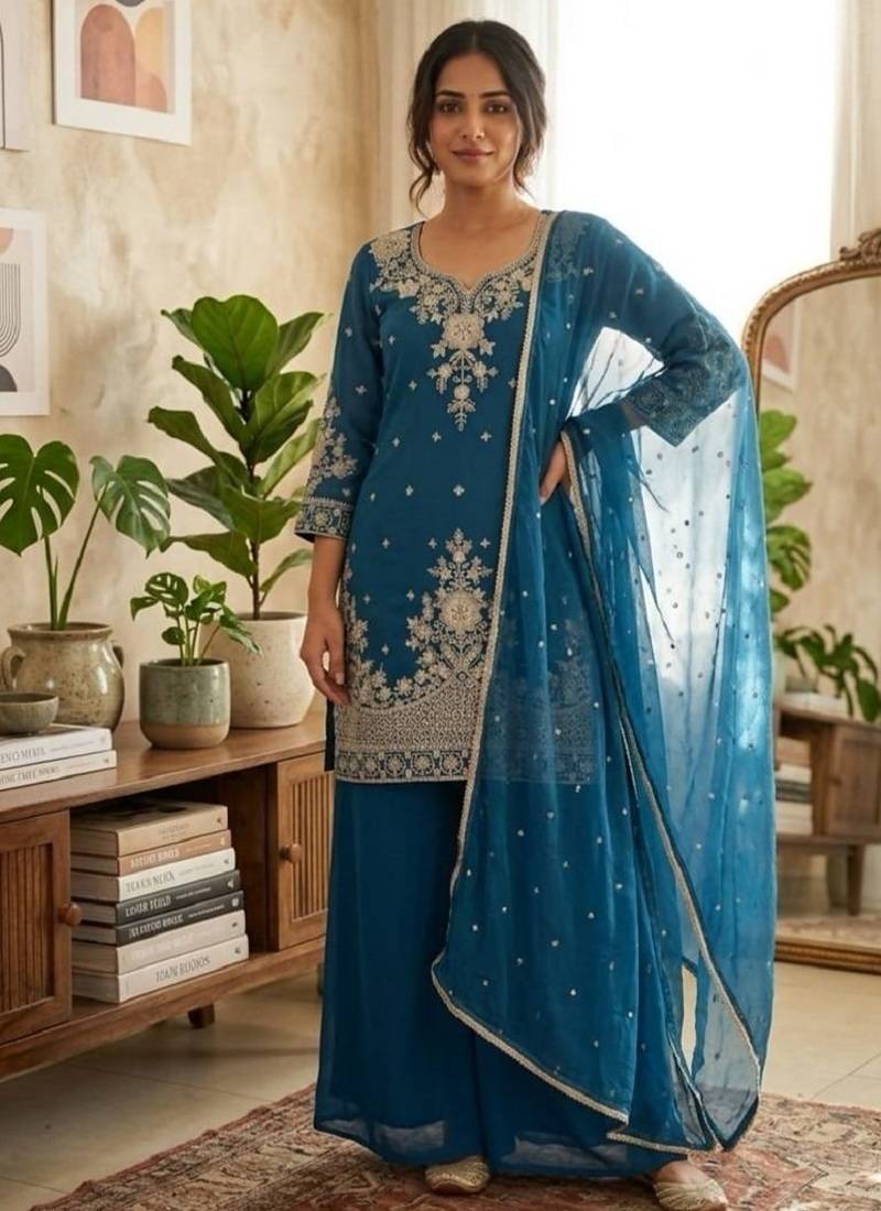 Blue roman silk embroidered straight kurta with palazzo & dupatta