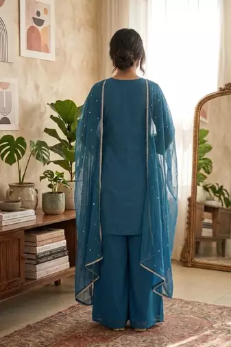 Blue roman silk embroidered straight kurta with palazzo & dupatta