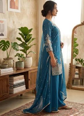 Blue roman silk embroidered straight kurta with palazzo & dupatta 3