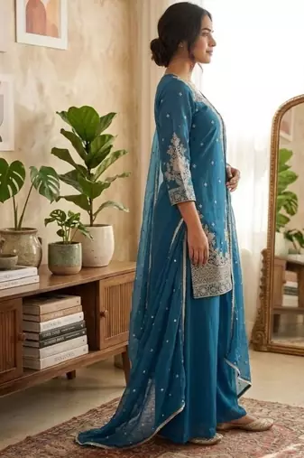 Blue roman silk embroidered straight kurta with palazzo & dupatta