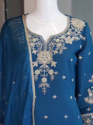 Blue roman silk embroidered straight kurta with palazzo & dupatta 5