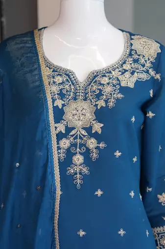 Blue roman silk embroidered straight kurta with palazzo & dupatta