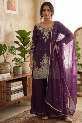 Wine roman silk embroidered straight kurta with palazzo & dupatta