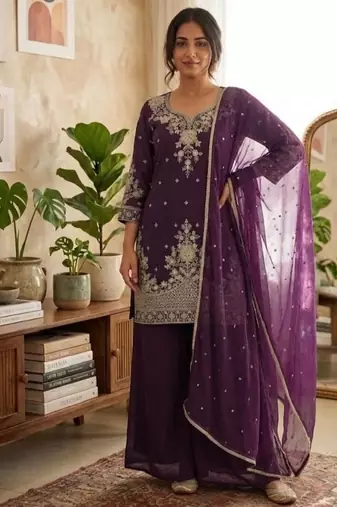 Wine roman silk embroidered straight kurta with palazzo & dupatta