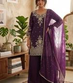 Wine roman silk embroidered straight kurta with palazzo & dupatta
