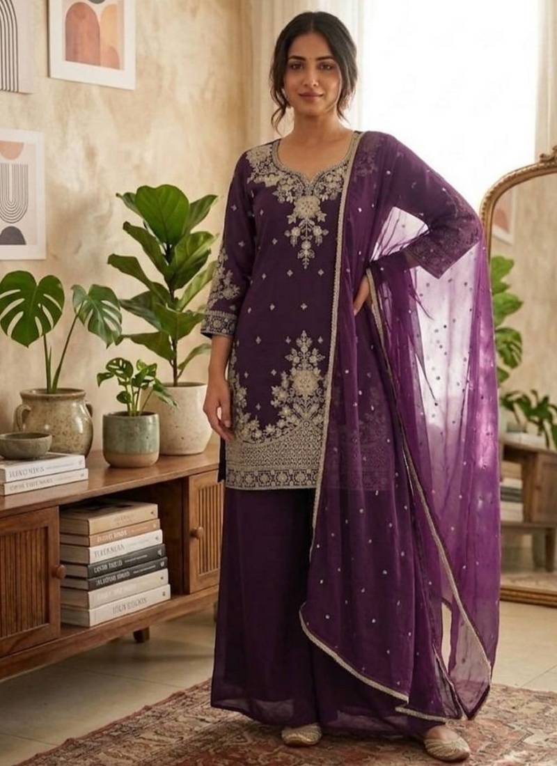 Wine roman silk embroidered straight kurta with palazzo & dupatta