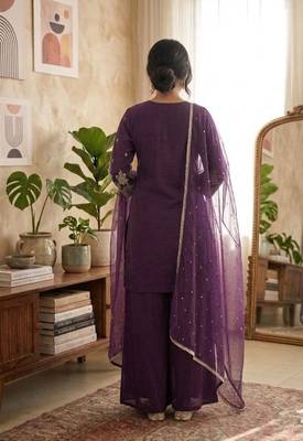 Wine roman silk embroidered straight kurta with palazzo & dupatta 2