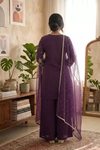 Wine roman silk embroidered straight kurta with palazzo & dupatta