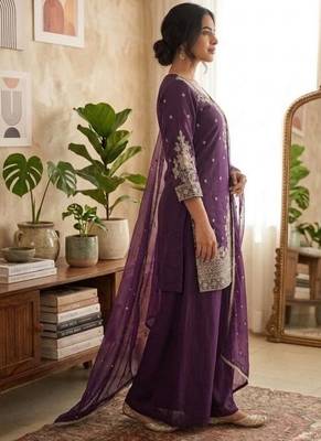 Wine roman silk embroidered straight kurta with palazzo & dupatta 3
