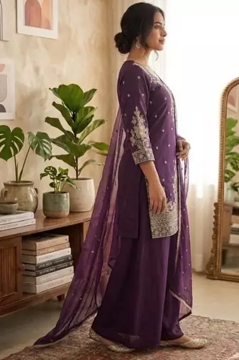 Wine roman silk embroidered straight kurta with palazzo & dupatta