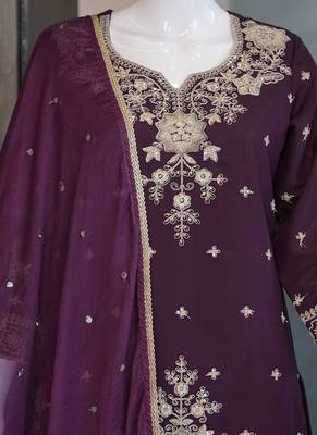 Wine roman silk embroidered straight kurta with palazzo & dupatta 5