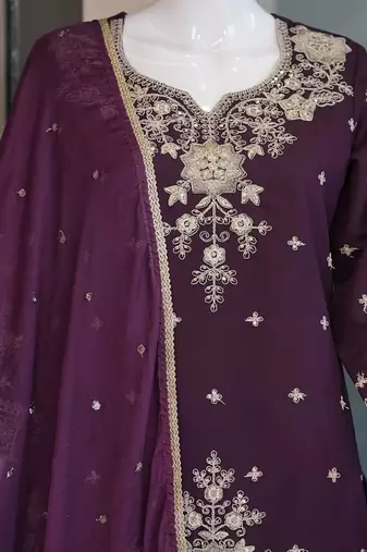 Wine roman silk embroidered straight kurta with palazzo & dupatta