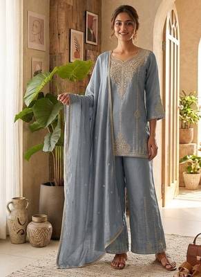 Grey vichitra embroidered wedding straight kurta with palazzo & dupatta 1