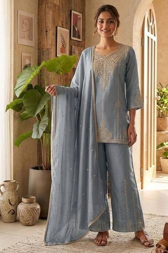 Grey vichitra embroidered wedding straight kurta with palazzo & dupatta