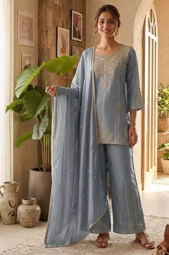 Grey vichitra embroidered wedding straight kurta with palazzo & dupatta