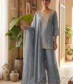 Grey vichitra embroidered wedding straight kurta with palazzo & dupatta