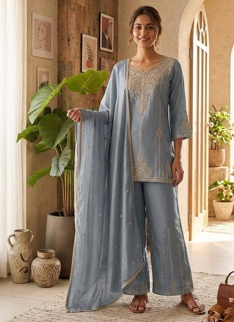 Grey vichitra embroidered wedding straight kurta with palazzo & dupatta