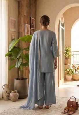 Grey vichitra embroidered wedding straight kurta with palazzo & dupatta 2