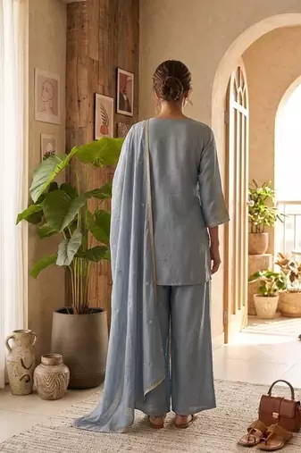 Grey vichitra embroidered wedding straight kurta with palazzo & dupatta