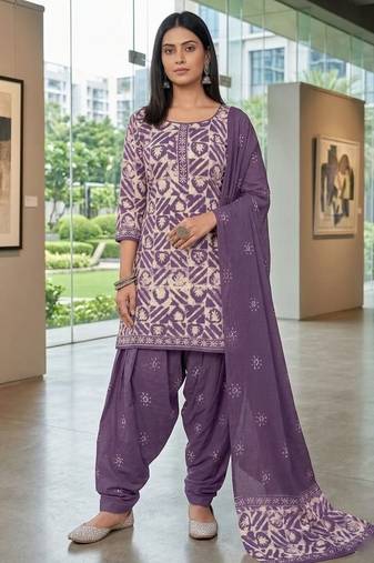 Purple printed cotton blend stitched geometric print salwar kurta dupatta for women