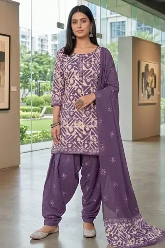 Purple printed cotton blend stitched geometric print salwar kurta dupatta for women