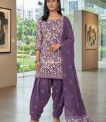 Purple printed cotton blend stitched geometric print salwar kurta dupatta for women
