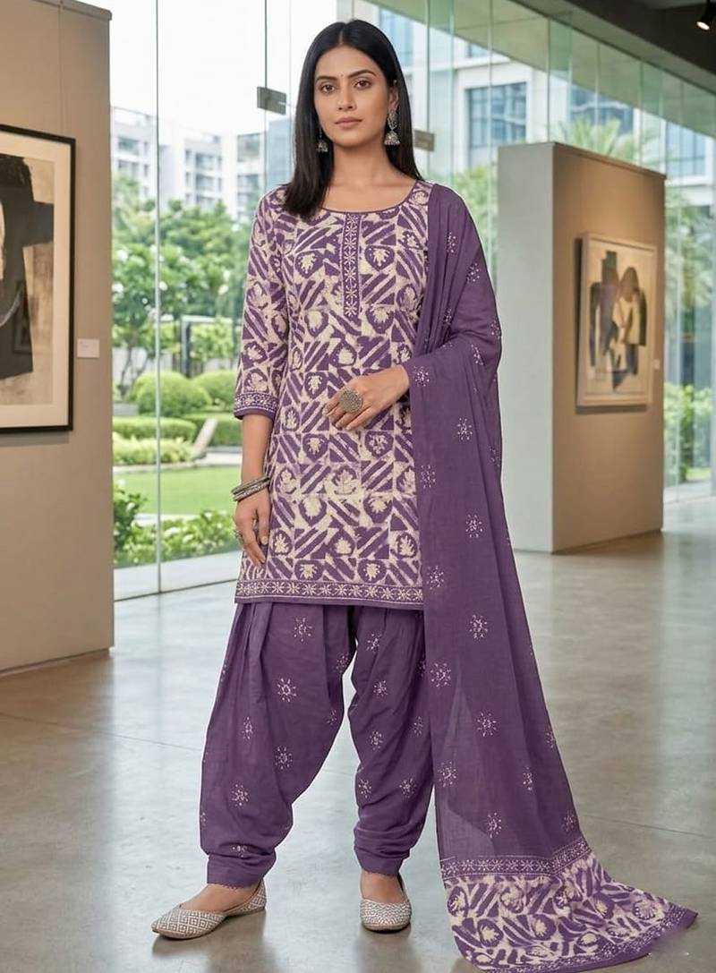 Purple printed cotton blend stitched geometric print salwar kurta dupatta for women