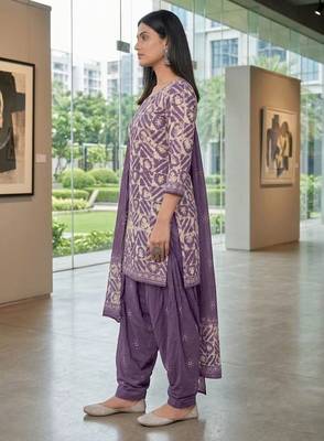 Purple printed cotton blend stitched geometric print salwar kurta dupatta for women 2