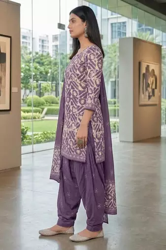 Purple printed cotton blend stitched geometric print salwar kurta dupatta for women