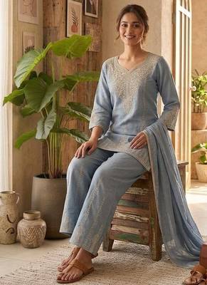 Grey vichitra embroidered wedding straight kurta with palazzo & dupatta 3