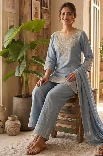 Grey vichitra embroidered wedding straight kurta with palazzo & dupatta