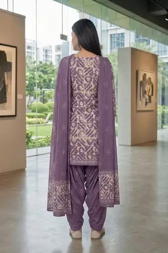 Purple printed cotton blend stitched geometric print salwar kurta dupatta for women
