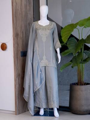 Grey vichitra embroidered wedding straight kurta with palazzo & dupatta 4