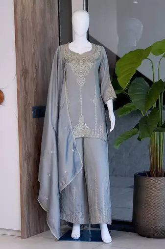 Grey vichitra embroidered wedding straight kurta with palazzo & dupatta