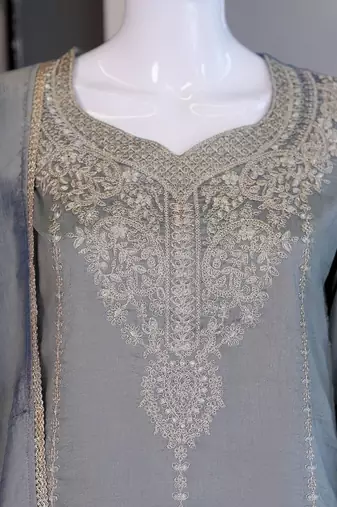 Grey vichitra embroidered wedding straight kurta with palazzo & dupatta