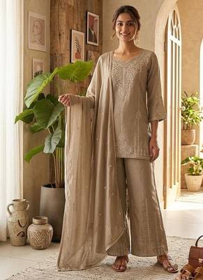 Beige vichitra embroidered wedding straight kurta with palazzo & dupatta 1